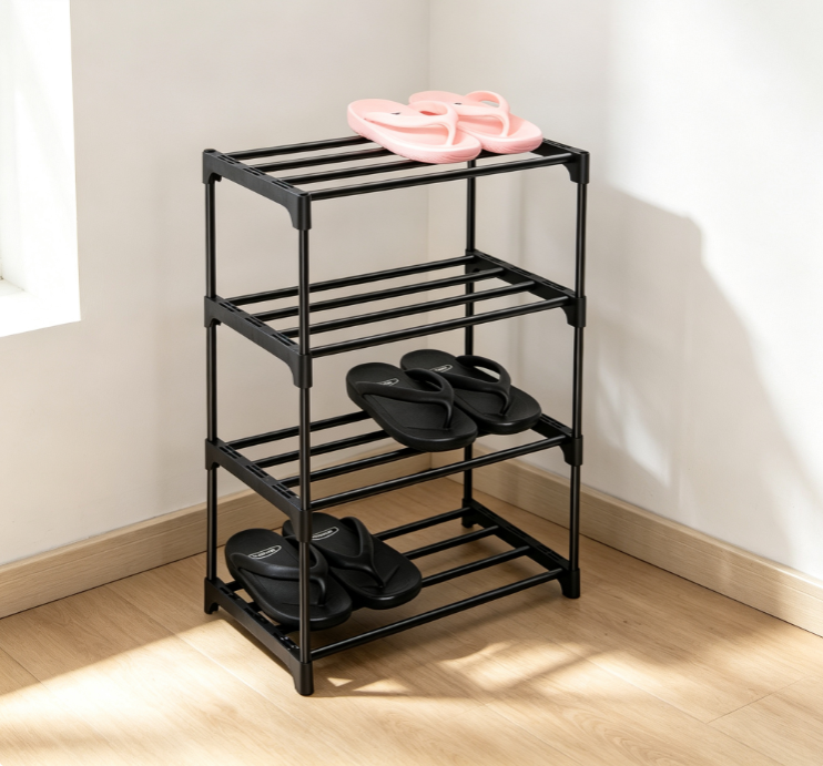 4-Tier Minimalist Metal-Slat Shoe Rack – Easy-to-Assemble Corner Unit for Small Spaces