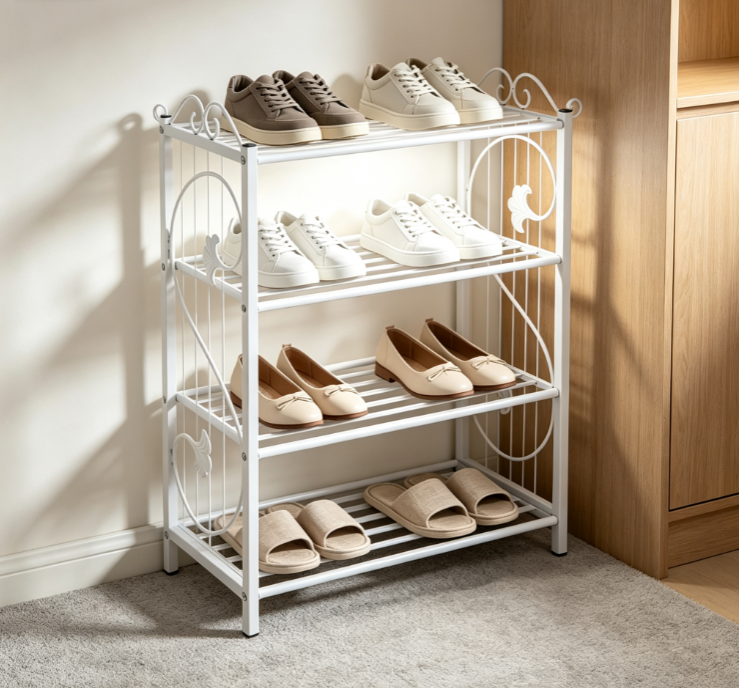 White Ornate Wrought Iron 4-Tier Easy-Assembly Shoe Rack – European-Style Freestanding Entryway Organizer - Image 2