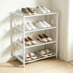 White Ornate Wrought Iron 4-Tier Easy-Assembly Shoe Rack – European-Style Freestanding Entryway Organizer