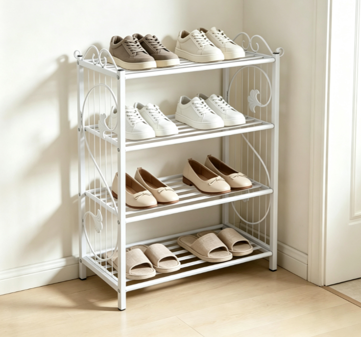 White Ornate Wrought Iron 4-Tier Easy-Assembly Shoe Rack – European-Style Freestanding Entryway Organizer