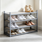 Grey Frame & Faux-Wood Shelf Easy-Assembly Shoe Rack – 3-Tier Freestanding Unit with Mesh Side Guards