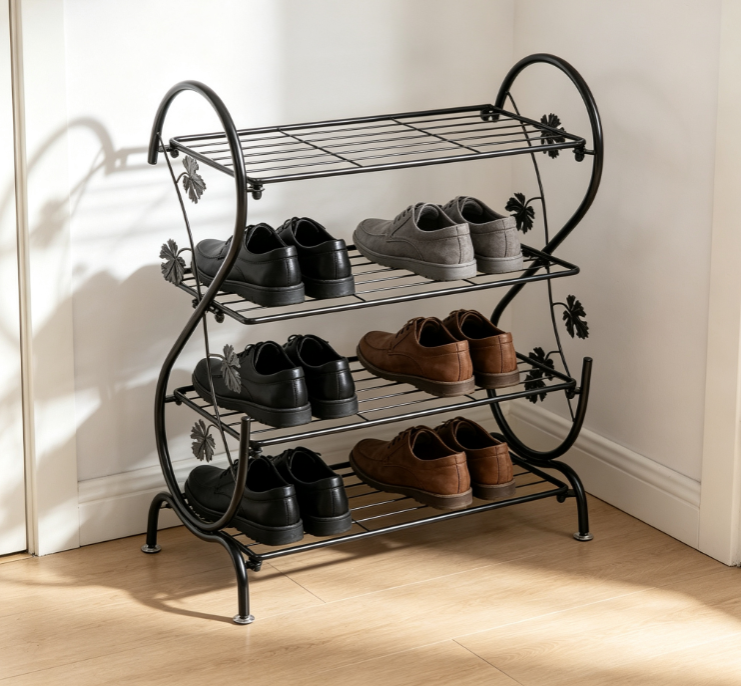 S-Shaped Wrought Iron 4-Tier Shoe Rack with Leaf Motifs – Easy-to-Assemble, Creative Floor-Standing Storage