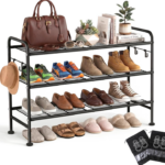 Multifunctional Multi-Tier Iron Shoe Rack with Hooks – Simple Assembly Entryway Shoe Storage for Home Use