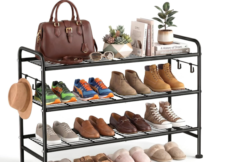 Multifunctional Multi-Tier Iron Shoe Rack with Hooks – Simple Assembly Entryway Shoe Storage for Home Use - Image 2