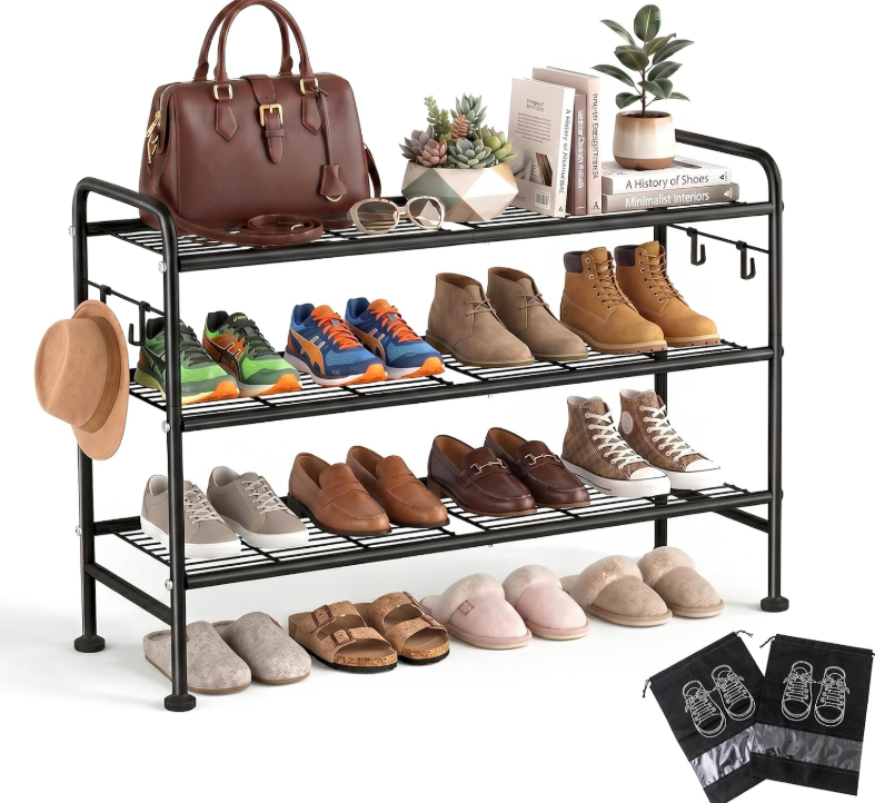 Multifunctional Multi-Tier Iron Shoe Rack with Hooks – Simple Assembly Entryway Shoe Storage for Home Use