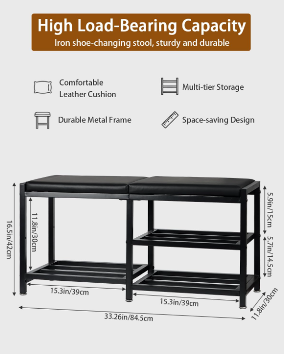 Integrated Shoe Rack with Padded Bench – Easy-to-Assemble Iron Storage Bench - Image 2