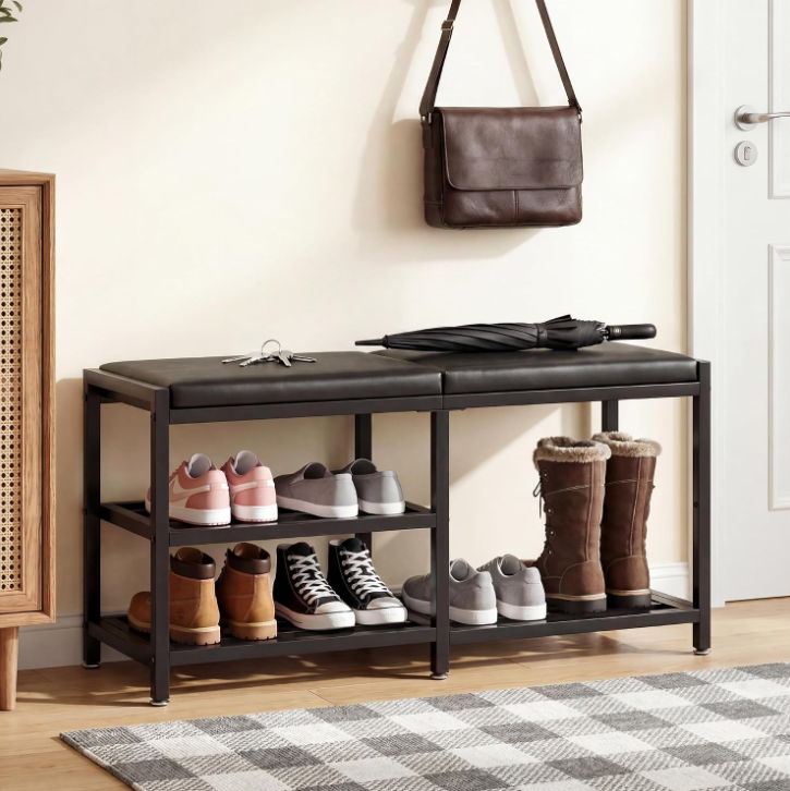 Integrated Shoe Rack with Padded Bench – Easy-to-Assemble Iron Storage Bench
