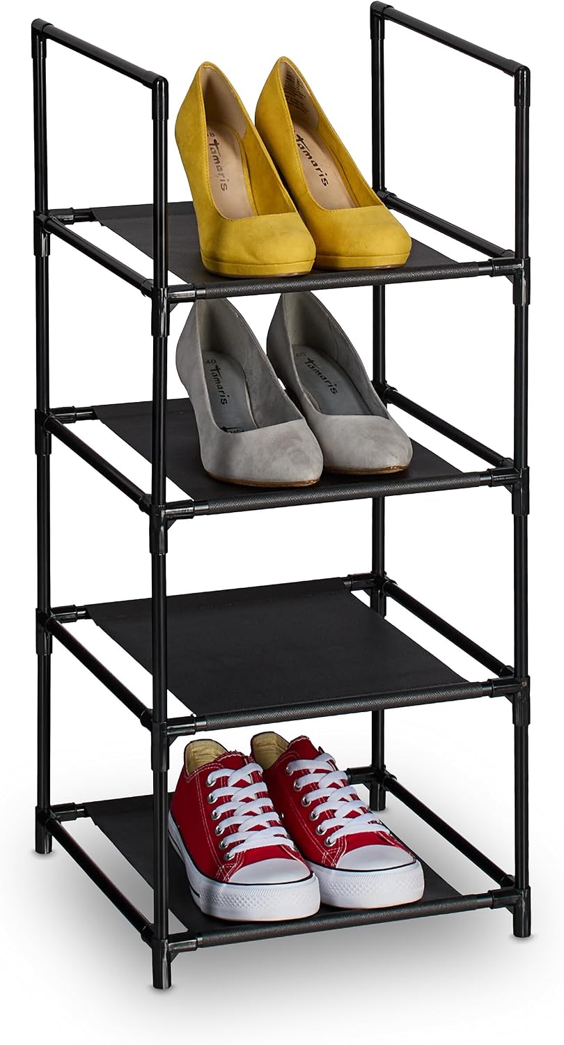 4-Tier Narrow Shoe Rack – Metal Frame & Fabric Shelves – Interlocking Assembly – Entryway Storage