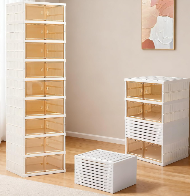 Foldable Stackable Clear Plastic Shoe Rack With Doors